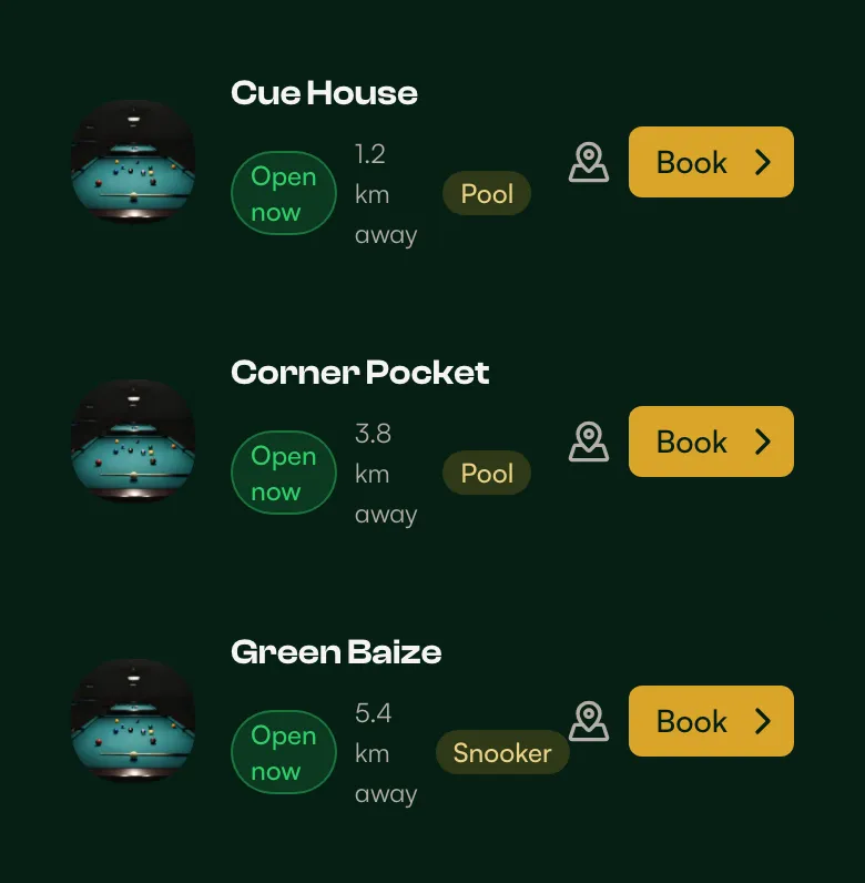 Venues listed on qtally.com, as players see them on their phone.